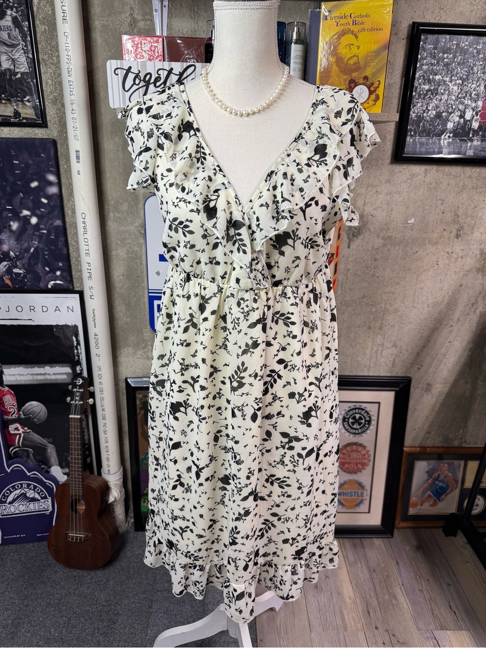 Converse Cream Midi Dress with Black Floral Print